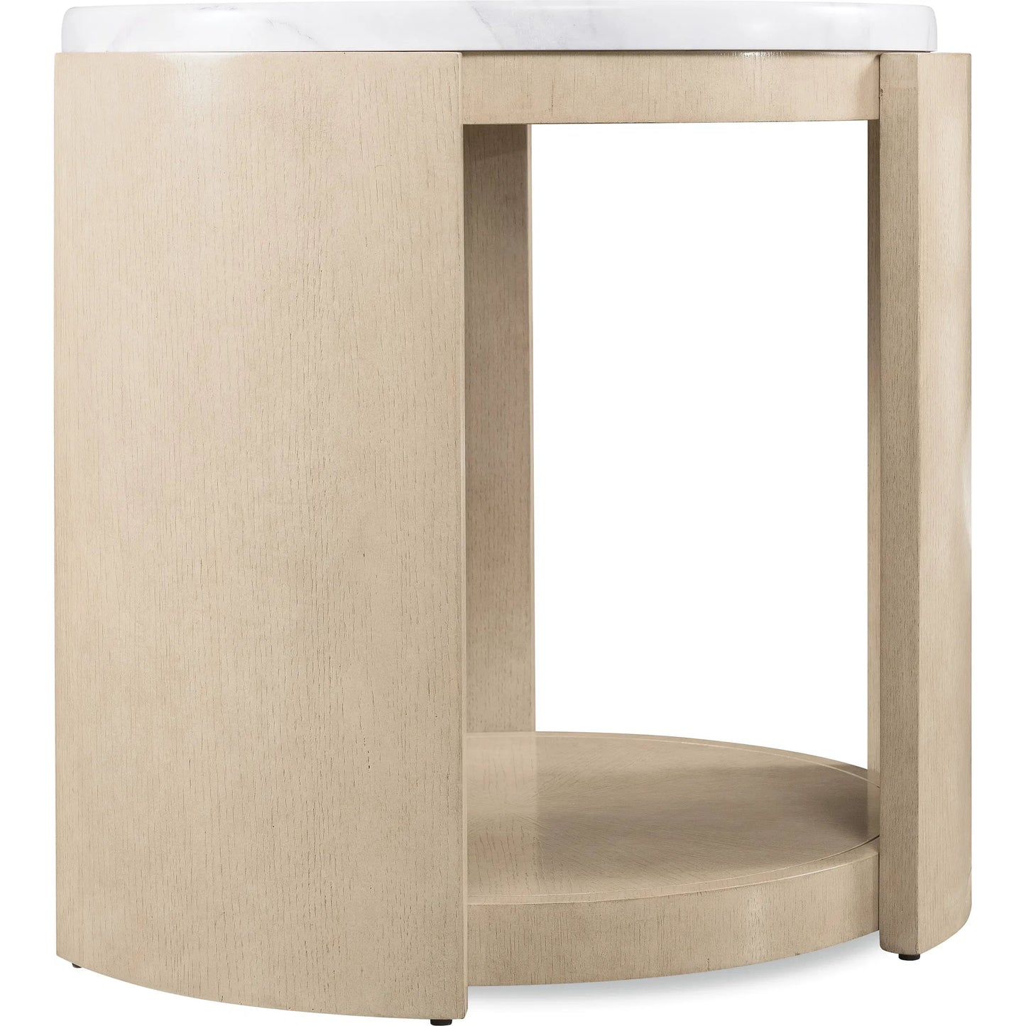 001 SI-2458413 | Primary Silo | Westwood Round Side Table by Hooker Furniture in polished limestone, quartered oak veneers. Made from glass reinforced concrete, oak veneers, leather, brown leather exterior in a transitional style.