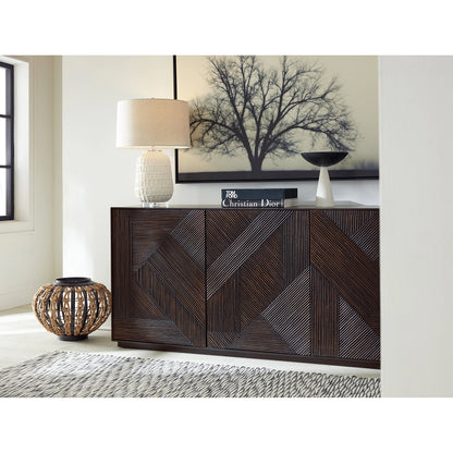 Black Retreat Entertainment Credenza by Hooker Furniture in black sand. Made from oak veneers, resin in a modern style.