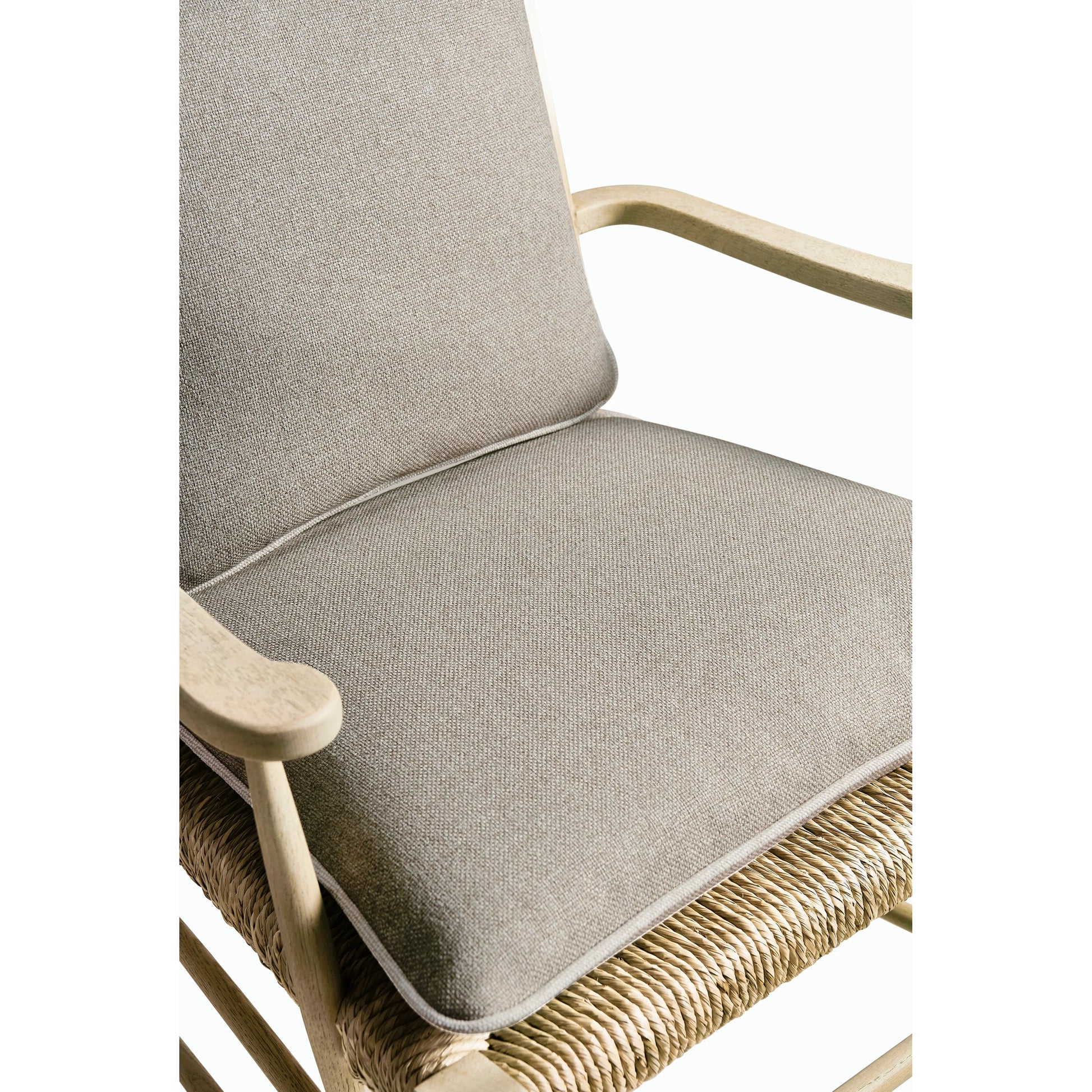 Timeless Doppler Ladderback Arm Chair by Jonathan Charles in stripped brown chestnut. Made from oak, fiber rush, foam, fabric in a coastal style.