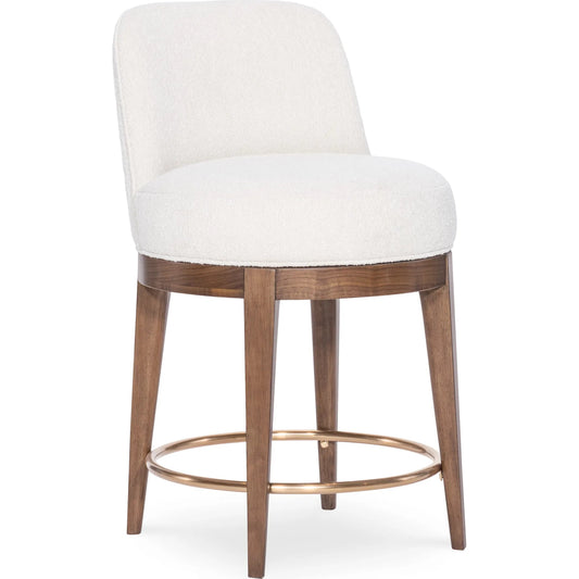 Eleana Counter Stool by Hooker Furniture in beige and light caramel, quartered walnut veneers, sunlit bronze metal. Made from walnut veneers, fabric in a transitional style.