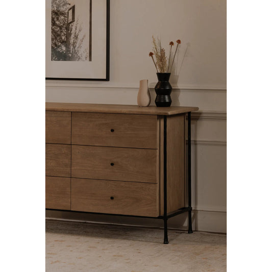 Rene 6 Drawer Dresser by Moe's Home Collection in vintage brown. Made from acacia wood, hammered iron frame in a unique style.
