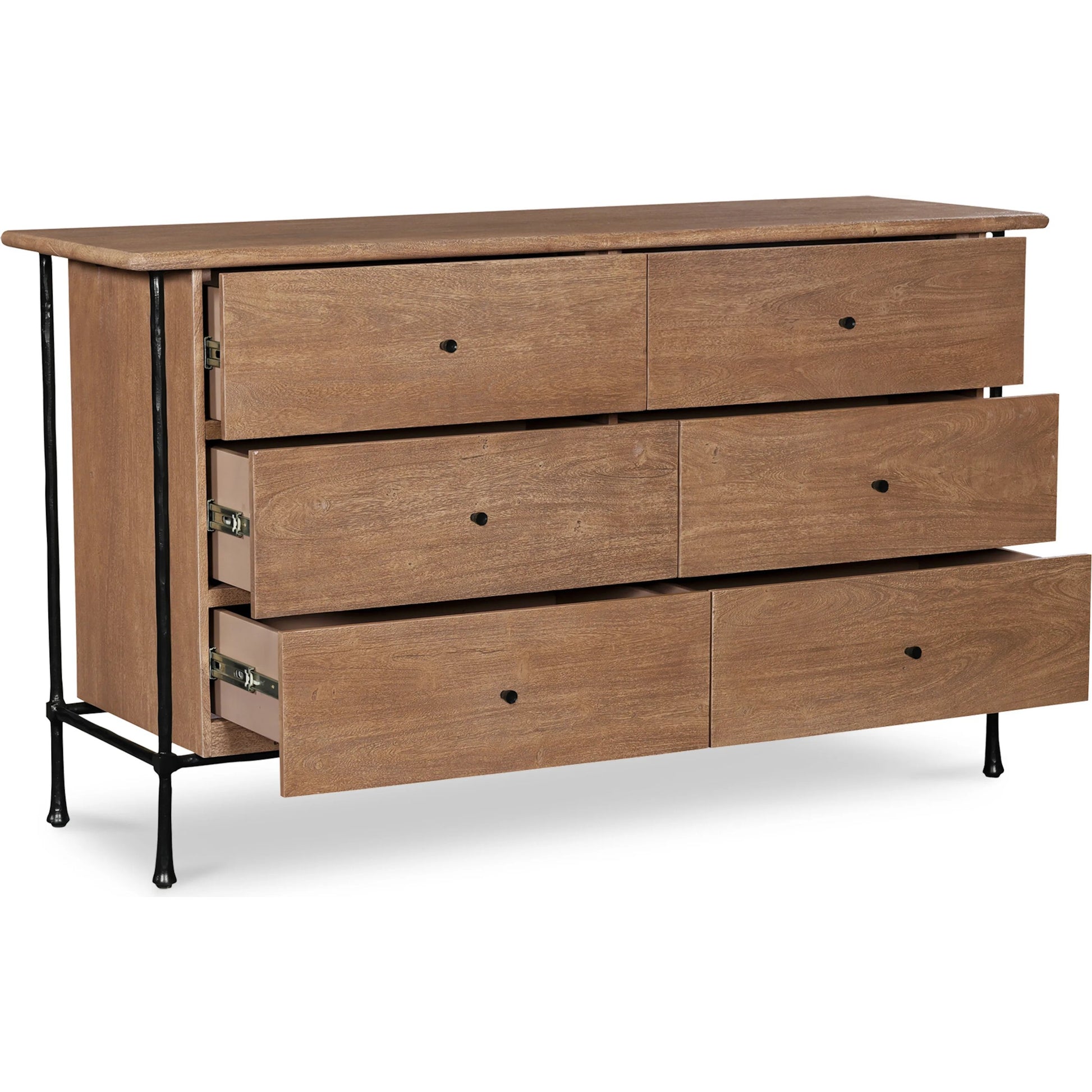 Rene 6 Drawer Dresser by Moe's Home Collection in vintage brown. Made from acacia wood, hammered iron frame in a transitional style.