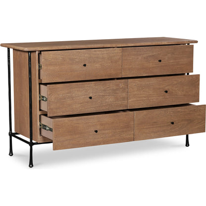 Rene 6 Drawer Dresser by Moe's Home Collection in vintage brown. Made from acacia wood, hammered iron frame in a transitional style.