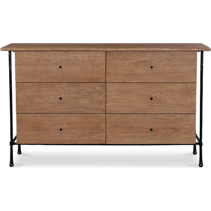 Rene 6 Drawer Dresser by Moe's Home Collection in vintage brown. Made from acacia wood, hammered iron frame in a transitional style.