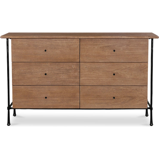 Rene 6 Drawer Dresser by Moe's Home Collection in vintage brown. Made from acacia wood, hammered iron frame in a unique style.