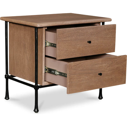 Rene Nightstand by Moe's Home Collection in vintage brown. Made from acacia wood, hammered iron frame in a transitional style.
