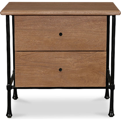 Rene Nightstand by Moe's Home Collection in vintage brown. Made from acacia wood, hammered iron frame in a transitional style.