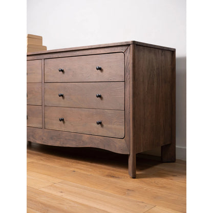 Mabel 6 Drawer Dresser by Moe's Home Collection in dark brown. Made from entire structure, drawer front, solid acacia wood, drawer acacia veneer over mdf in a unique style.