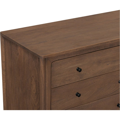 Mabel 6 Drawer Dresser by Moe's Home Collection in dark brown. Made from entire structure, drawer front, solid acacia wood, drawer acacia veneer over mdf in a unique style.
