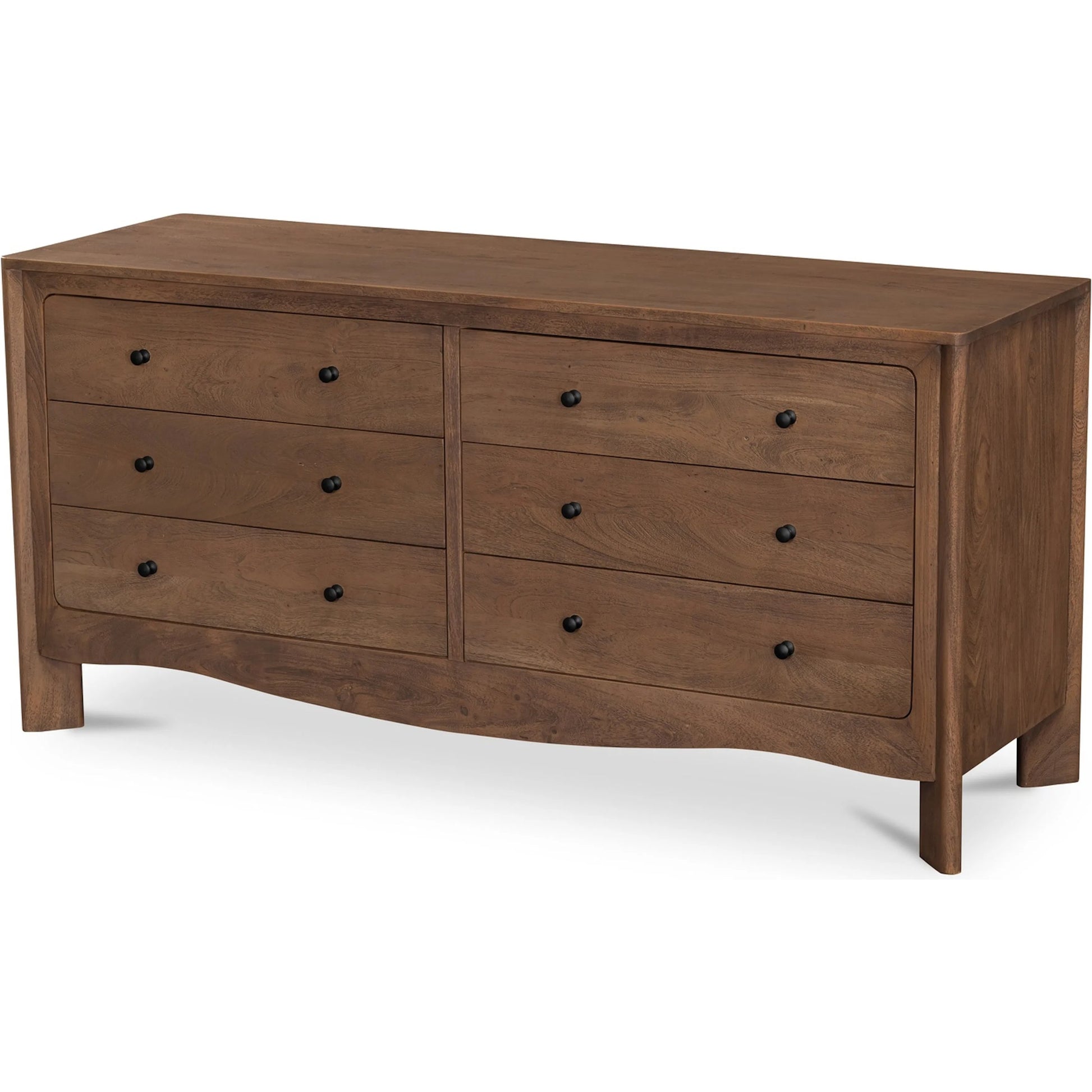 Mabel 6 Drawer Dresser by Moe's Home Collection in dark brown. Made from entire structure, drawer front, solid acacia wood, drawer acacia veneer over mdf in a unique style.