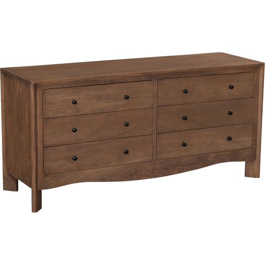 Mabel 6 Drawer Dresser by Moe's Home Collection in dark brown. Made from entire structure, drawer front, solid acacia wood, drawer acacia veneer over mdf in a unique style.