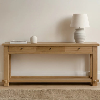 Morey Console Table by Moe's Home Collection in natural. Made from solid oak, thick oak veneer over mdf top in a unique style.