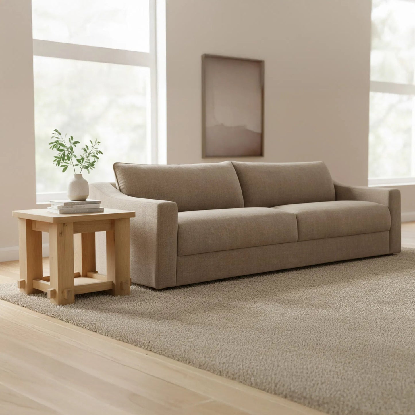 004 SI-2527888 | Lifestyle | Morey Side Table by Moe's Home Collection in natural. Made from solid oak, thick oak veneer over mdf top in a unique style.