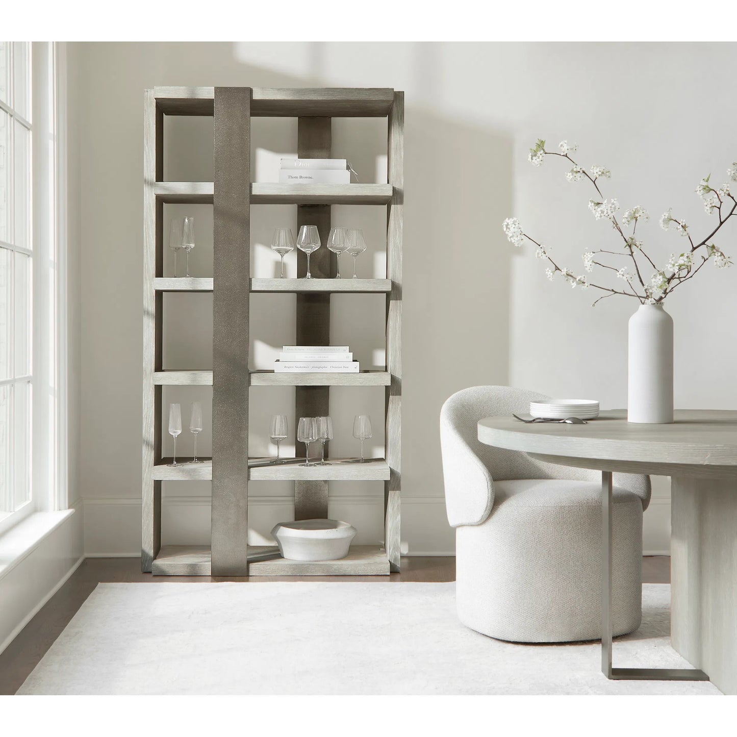 005 SI-2453331 | Lifestyle | Tempo Etagere by Bernhardt in larza, satin nickel. Made from oak, aluminum in a transitional style.