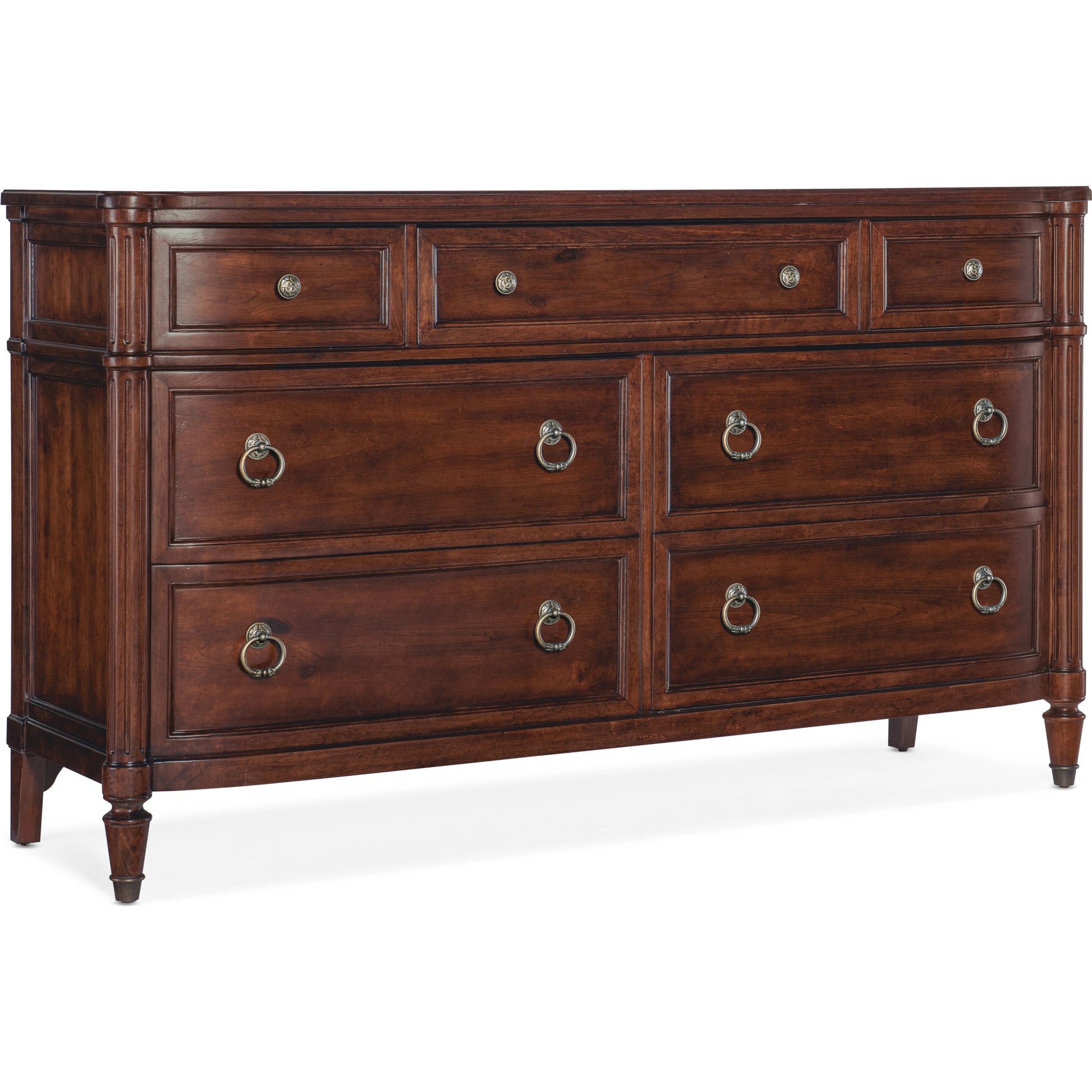 Charleston Seven-Drawer Dresser by Hooker Furniture. Made from cherry, okoume veneers, walnut inlay, olive ash burl, metal ferrules, solid-wood edge top in a traditional style.