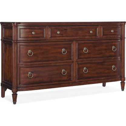 Charleston Seven-Drawer Dresser by Hooker Furniture. Made from cherry, okoume veneers, walnut inlay, olive ash burl, metal ferrules, solid-wood edge top in a traditional style.