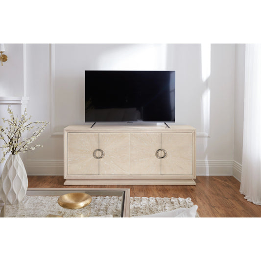 Nouveau Chic Entertainment Console by Hooker Furniture in sandstone. Made from oak veneers in a modern style.