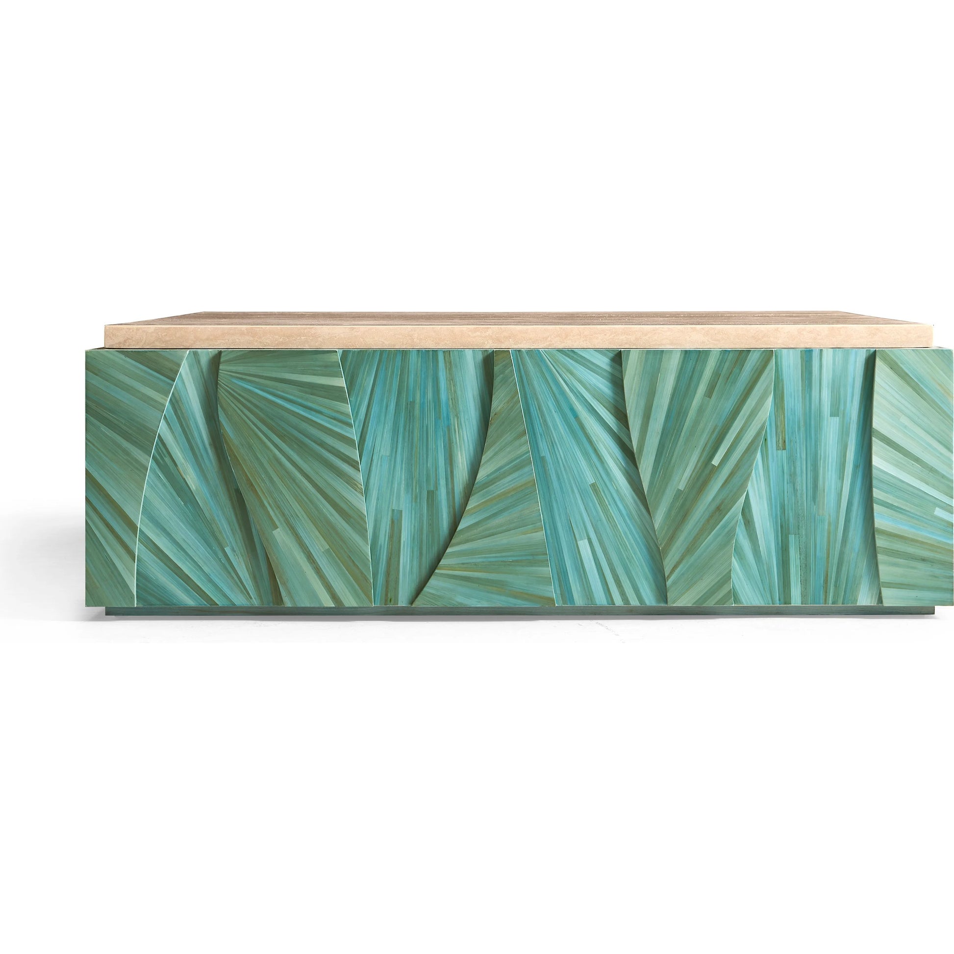 Seaglass Coffee Table by Jonathan Charles in blue and blue straw. Made from straw, marble, koto veneer in a eclectic & global style.