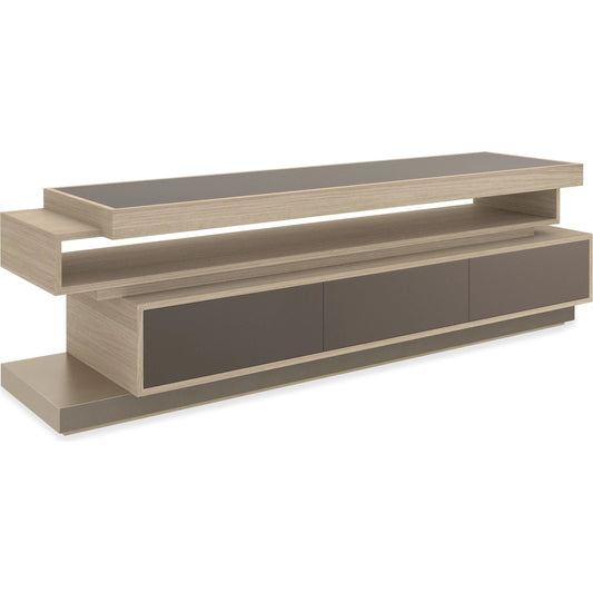 La Moda Media Console by Caracole in dry martini, neutral metallic. Made from poplar, koto in a unique style.