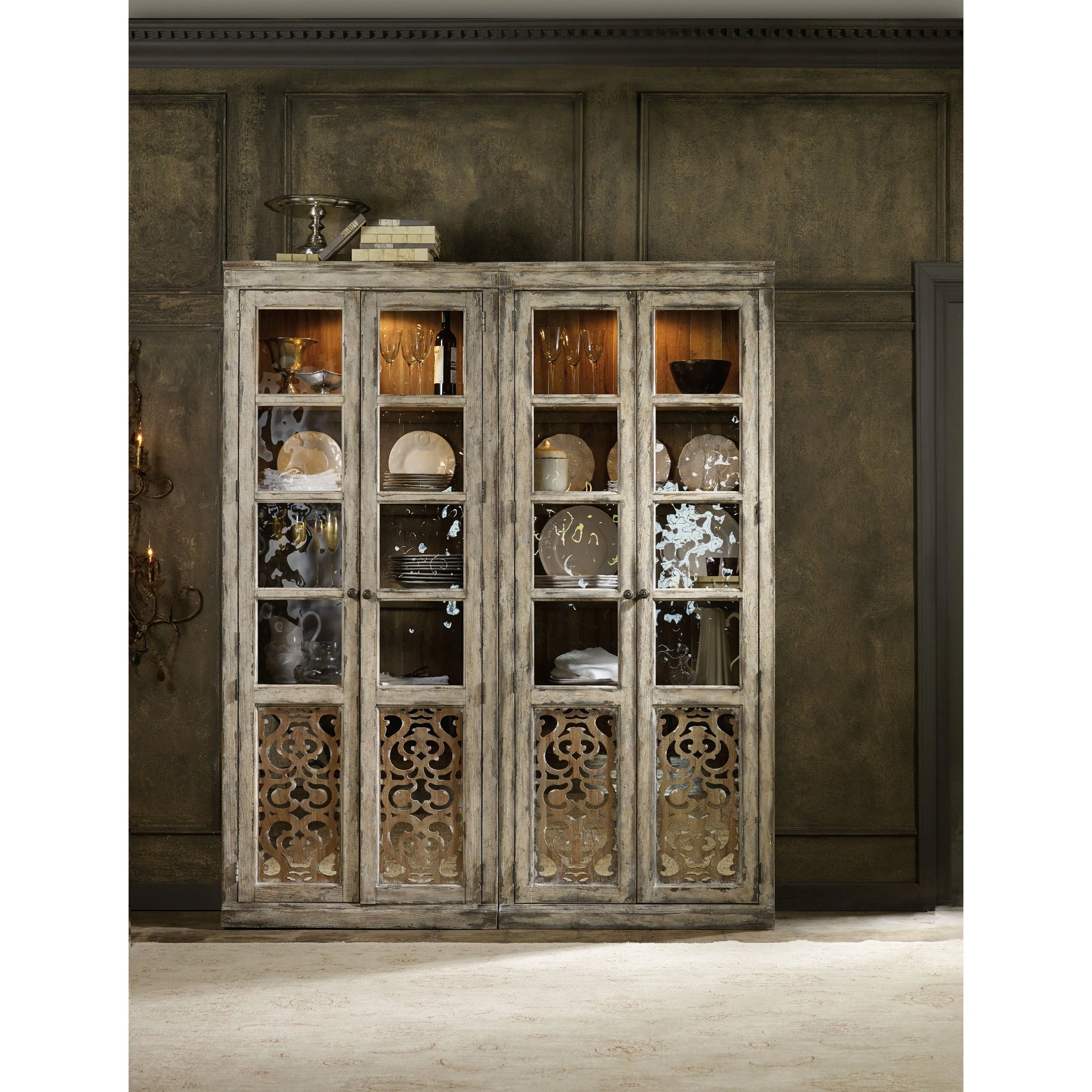 Chatelet Bunching Curio Cabinet by Hooker Furniture in caramel froth, paris vintage. Made from pecan veneers, seeded glass in a traditional style.