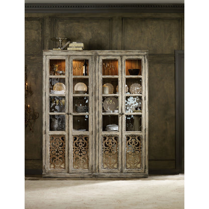 Chatelet Bunching Curio Cabinet by Hooker Furniture in caramel froth, paris vintage. Made from pecan veneers, seeded glass in a traditional style.