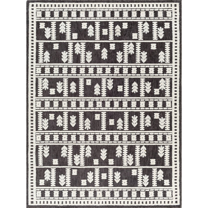 Lyna Rug by Livabliss in black, off-white. Made from main: 70% polypropylene, main: 30% polyester in a eclectic & global style.