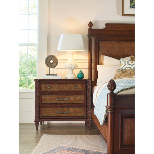 Charleston Three-Drawer Nightstand by Hooker Furniture in maraschino cherry. Made from cherry, walnut veneers, walnut inlay, cane, solid-wood edge top in a traditional style.