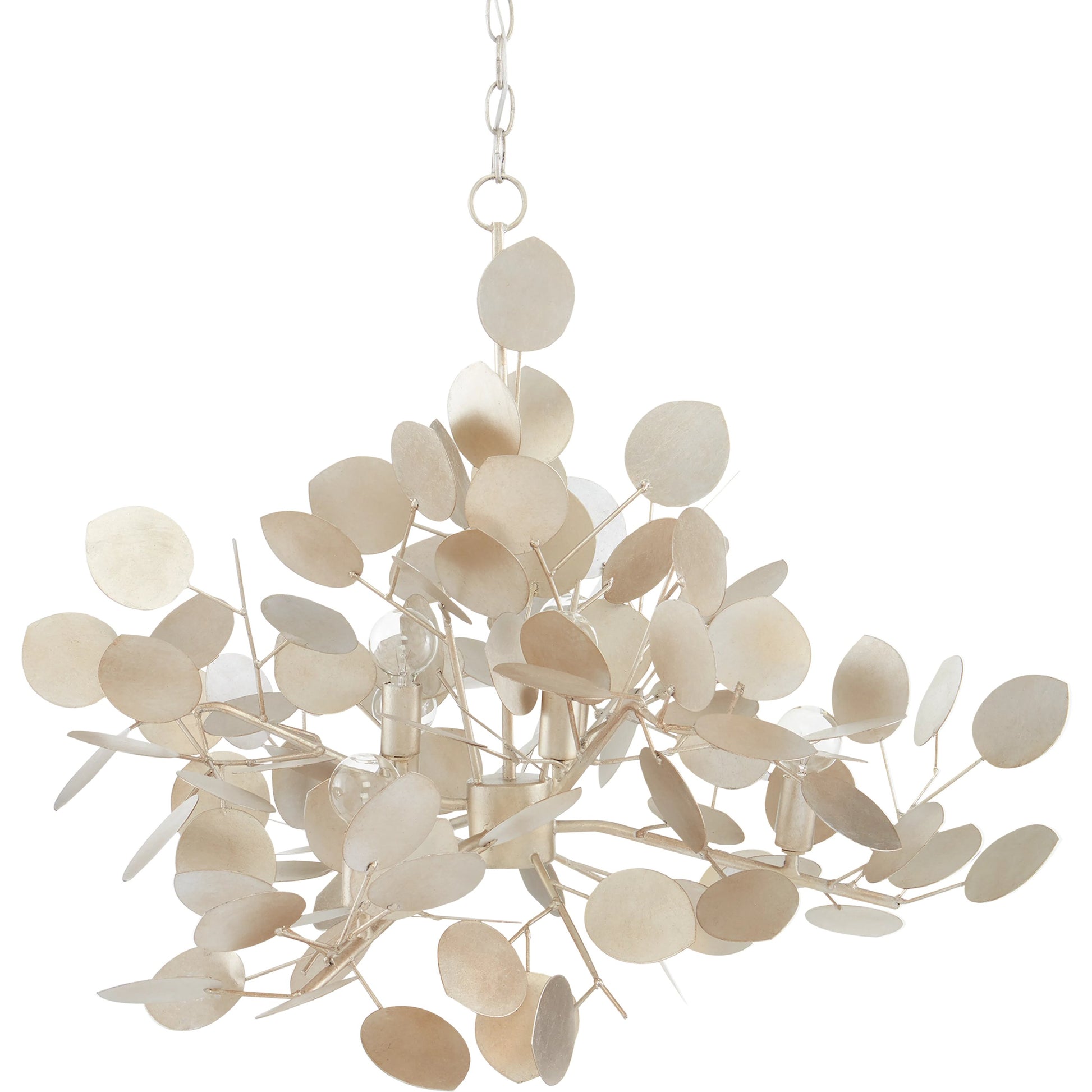 Lunaria Chandelier by Currey and Company in contemporary silver leaf. Made from wrought iron in a transitional style.