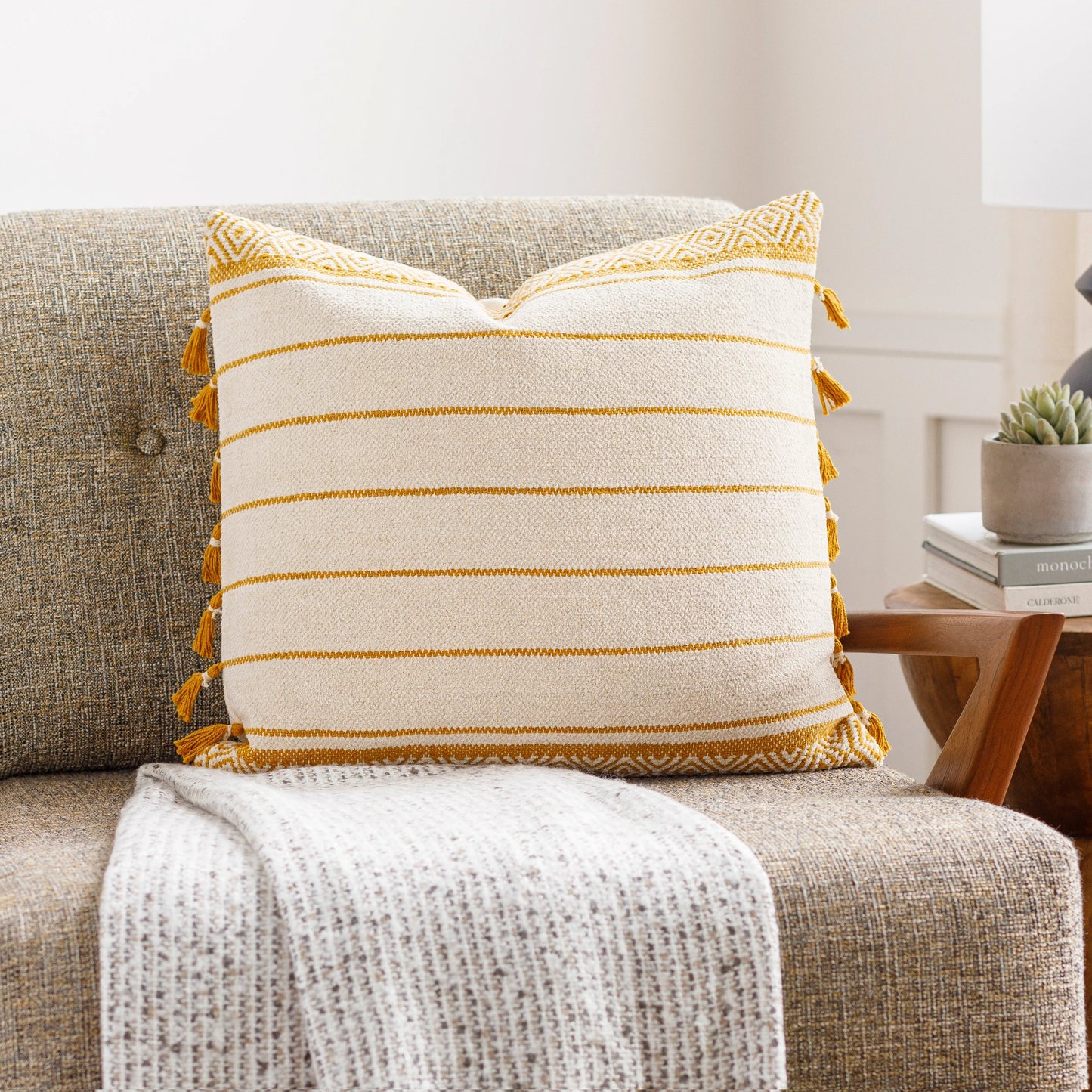 002 SI-1915209,SI-1915210,SI-1915211,SI-1915212 | Lifestyle | Layton Pillow - 27350 by Surya in light beige, taupe. Made from front: 100% cotton, back: 100% cotton in a modern style.