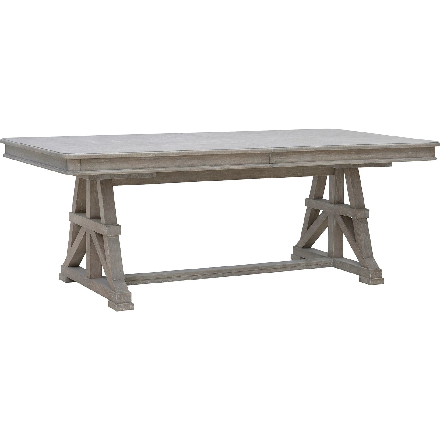 001 SI-2332648 | Primary Silo | Abbotts Glen Trestle Dining Table by Pulaski Furniture in windmill grey. Made from split heart cathedral oak in a transitional style.
