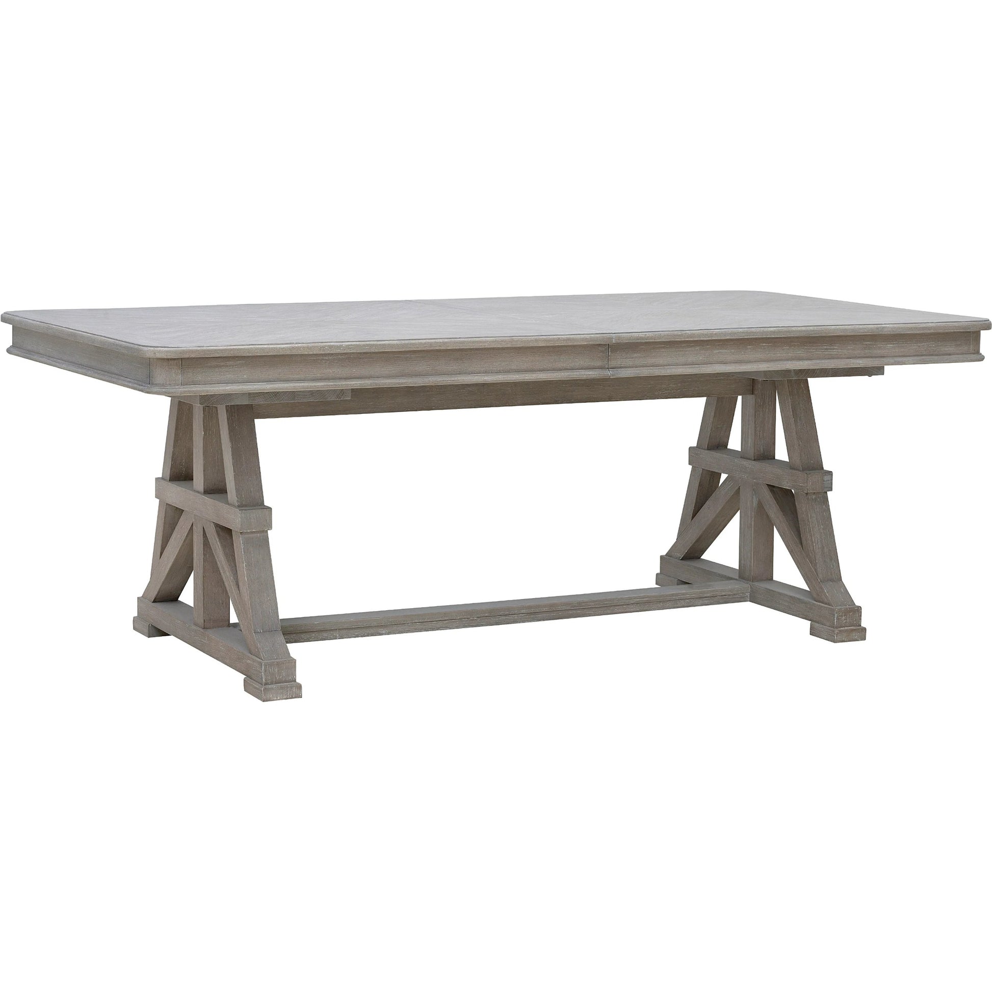 Abbotts Glen Trestle Dining Table by Pulaski Furniture in windmill grey. Made from split heart cathedral oak in a transitional style.