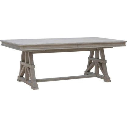 Abbotts Glen Trestle Dining Table by Pulaski Furniture in windmill grey. Made from split heart cathedral oak in a transitional style.