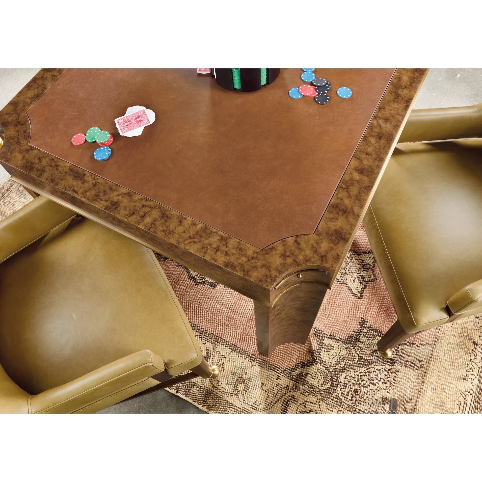 Archives Game Chair by Hooker Furniture in classic walnut, quartered walnut veneers. Made from wood, leather, hair on hide leather in a traditional style.