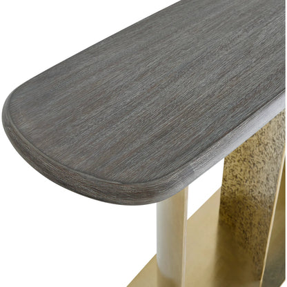 Trost Console Table by Bernhardt in dorado gold, bracken. Made from metal, wood in a modern style.