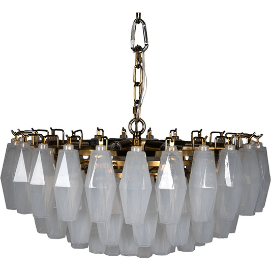 Ludmilla Chandelier by Noir in antique brass. Made from industrial steel, milk glass in a traditional style.
