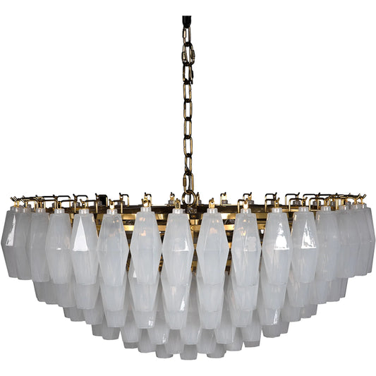 Ludmilla Chandelier by Noir in antique brass. Made from industrial steel, milk glass in a traditional style.