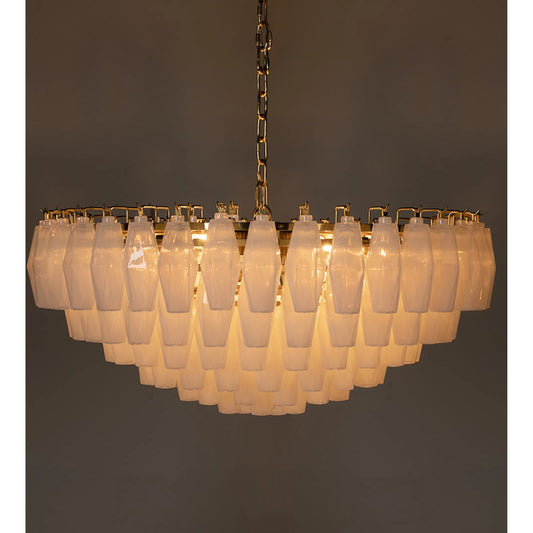 Ludmilla Chandelier by Noir in antique brass. Made from industrial steel, milk glass in a traditional style.