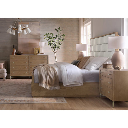 Sonnet California King Upholstered Bed by Hooker Furniture in beige and wren. Made from 92% polyester, 8% linen in a transitional style.