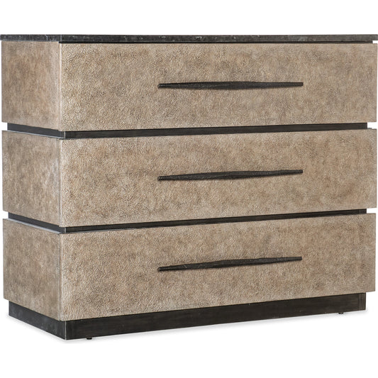 Melange Stacked Chest by Hooker Furniture in brown. Made from maple veneers with polished black marble in a modern style.