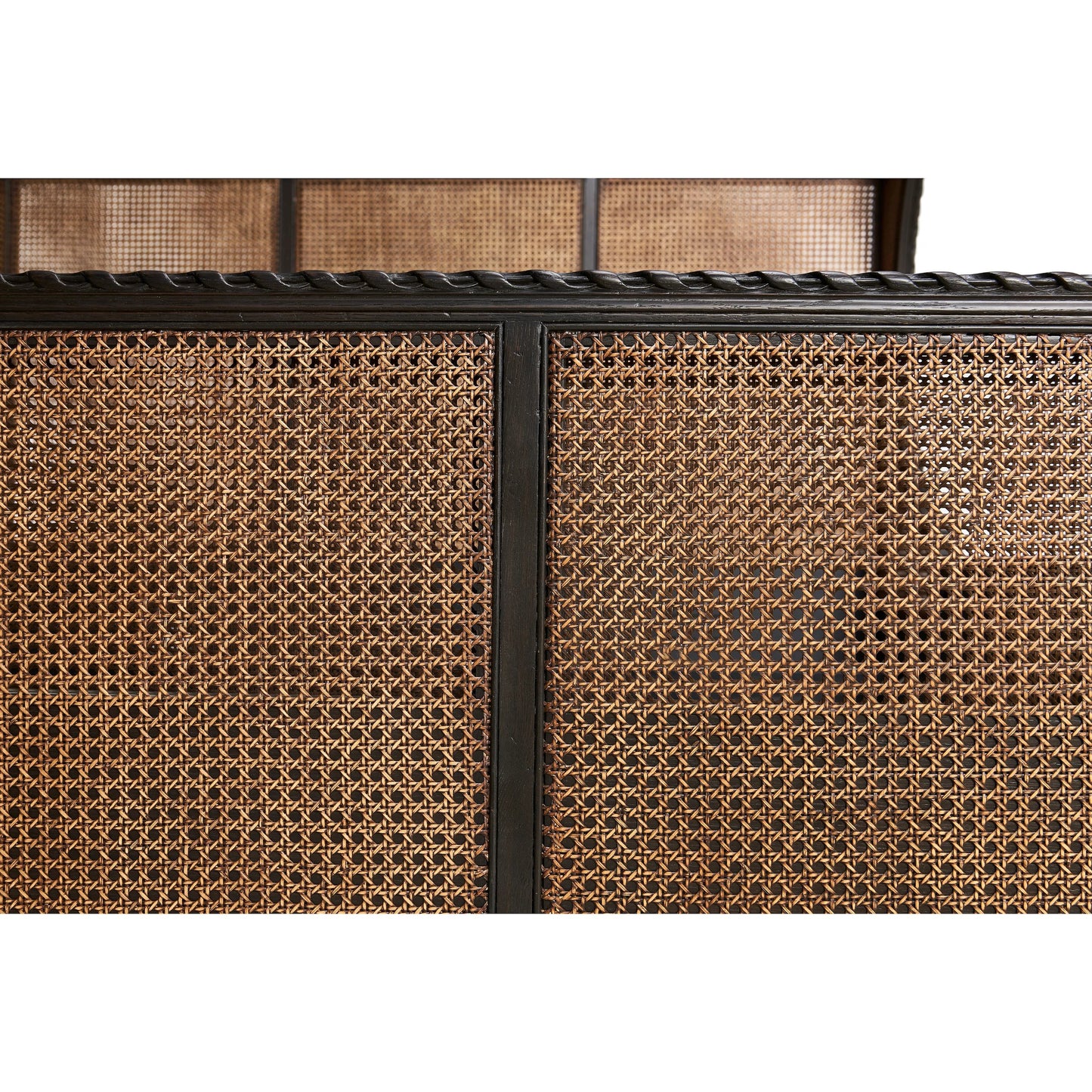 008 SI-2334502 | Closeup | Tangiers Shelter Bed by Jonathan Charles in brown, black and ebonized oak. Made from oak solids, natural cane, flat-cut oak veneers in a rustic style.