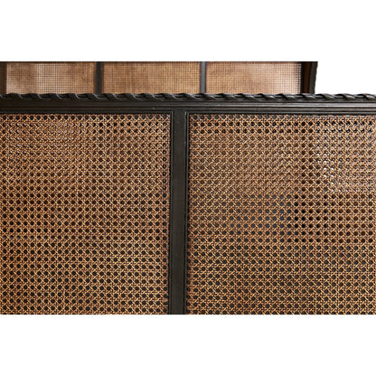 Tangiers Shelter Bed by Jonathan Charles in brown, black and ebonized oak. Made from oak solids, natural cane, flat-cut oak veneers in a rustic style.