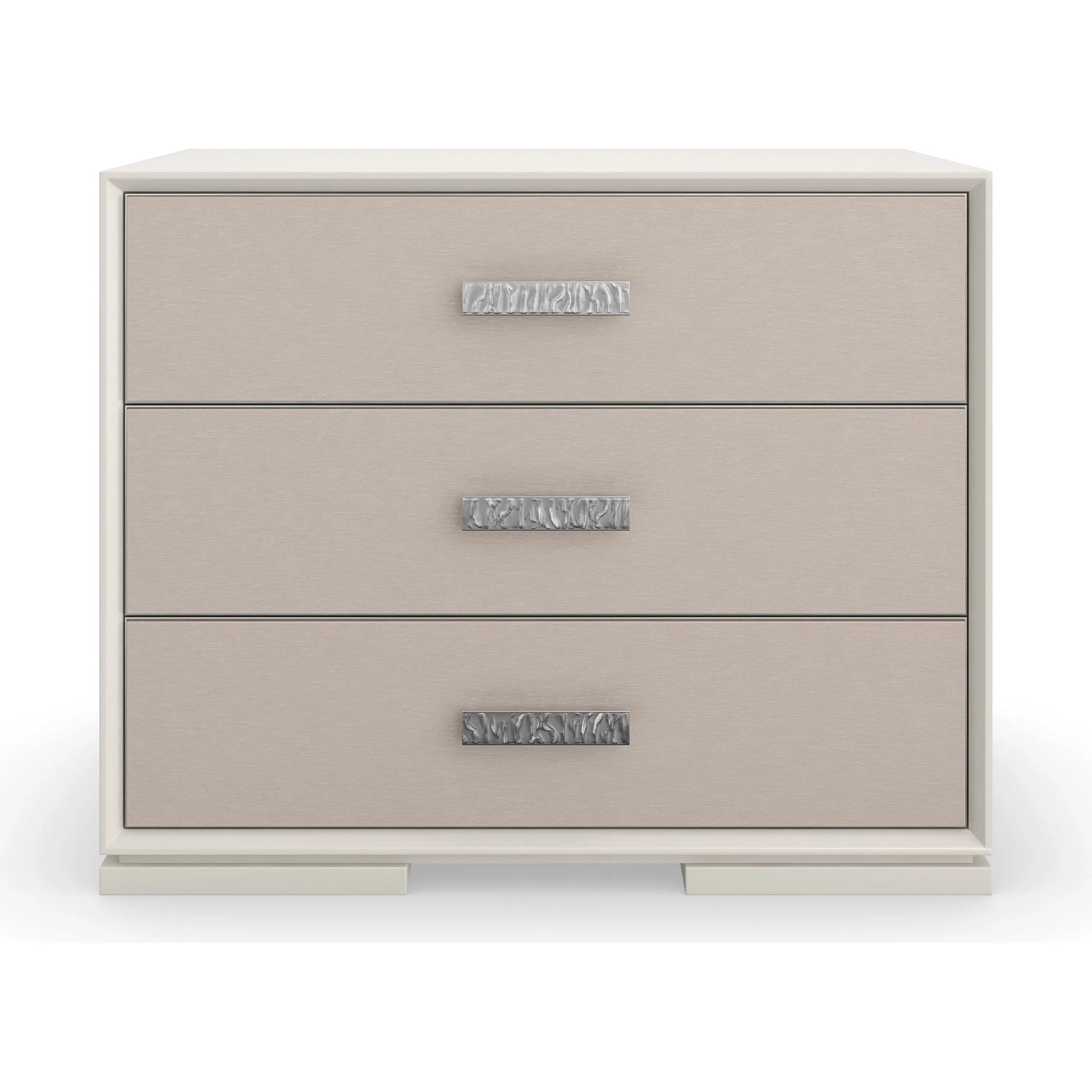 Silver Lining Nightstand by Caracole in silver and almond milk, brushed stainless. Made from poplar in a transitional style.