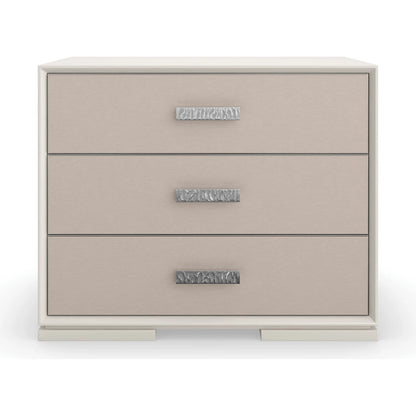 Silver Lining Nightstand by Caracole in silver and almond milk, brushed stainless. Made from poplar in a transitional style.