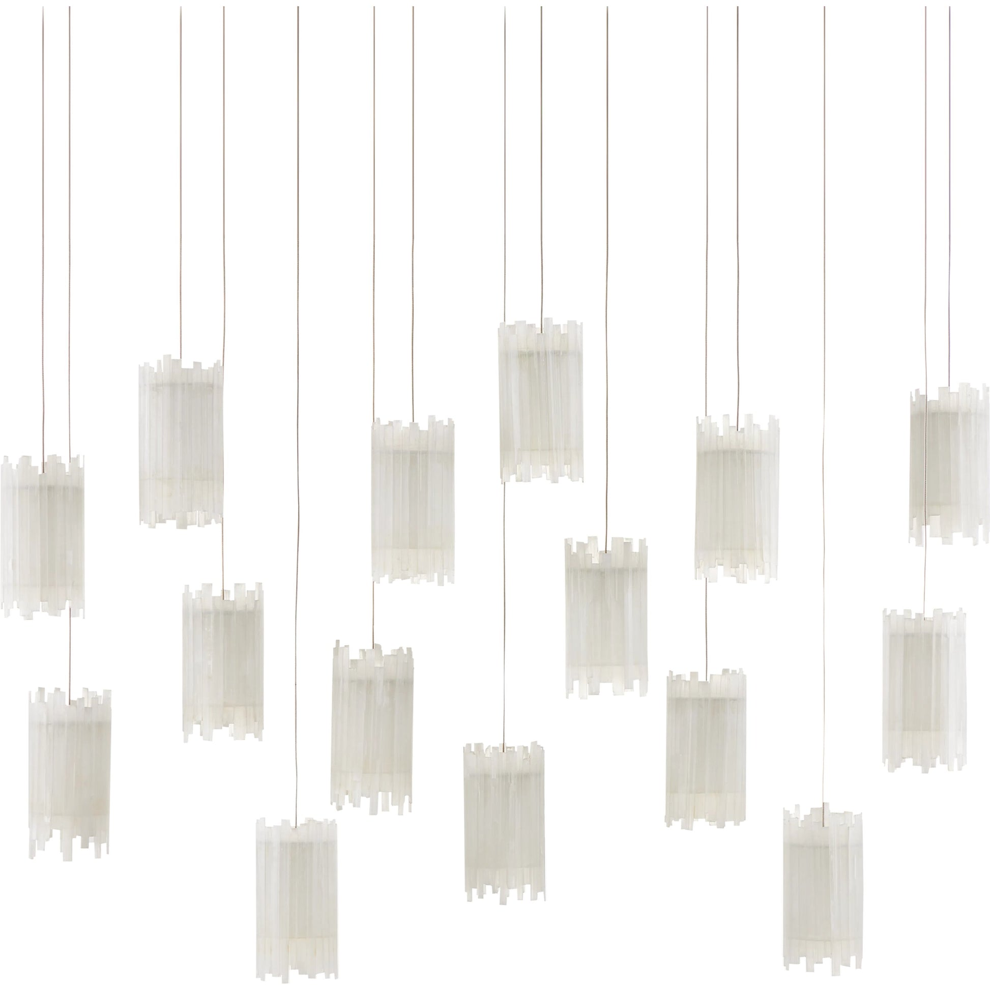 Escenia Rectangular 15-Light Multi-Drop Pendant by Currey and Company in natural selenite, silver. Made from selenite, frosted glass in a transitional style.