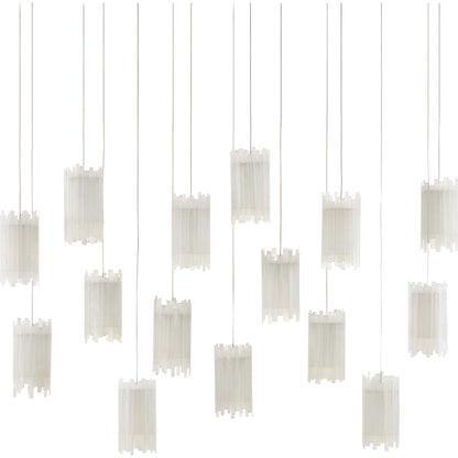 Escenia Rectangular 15-Light Multi-Drop Pendant by Currey and Company in natural selenite, silver. Made from selenite, frosted glass in a transitional style.