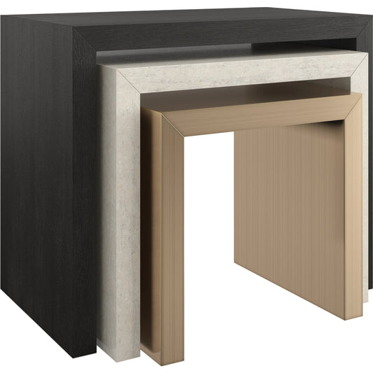 Contrast Nesting Tables by Caracole in cinder, crème travertine, lucent bronze plated metal. Made from birch, stone, metal, quartersawn oak in a modern style.