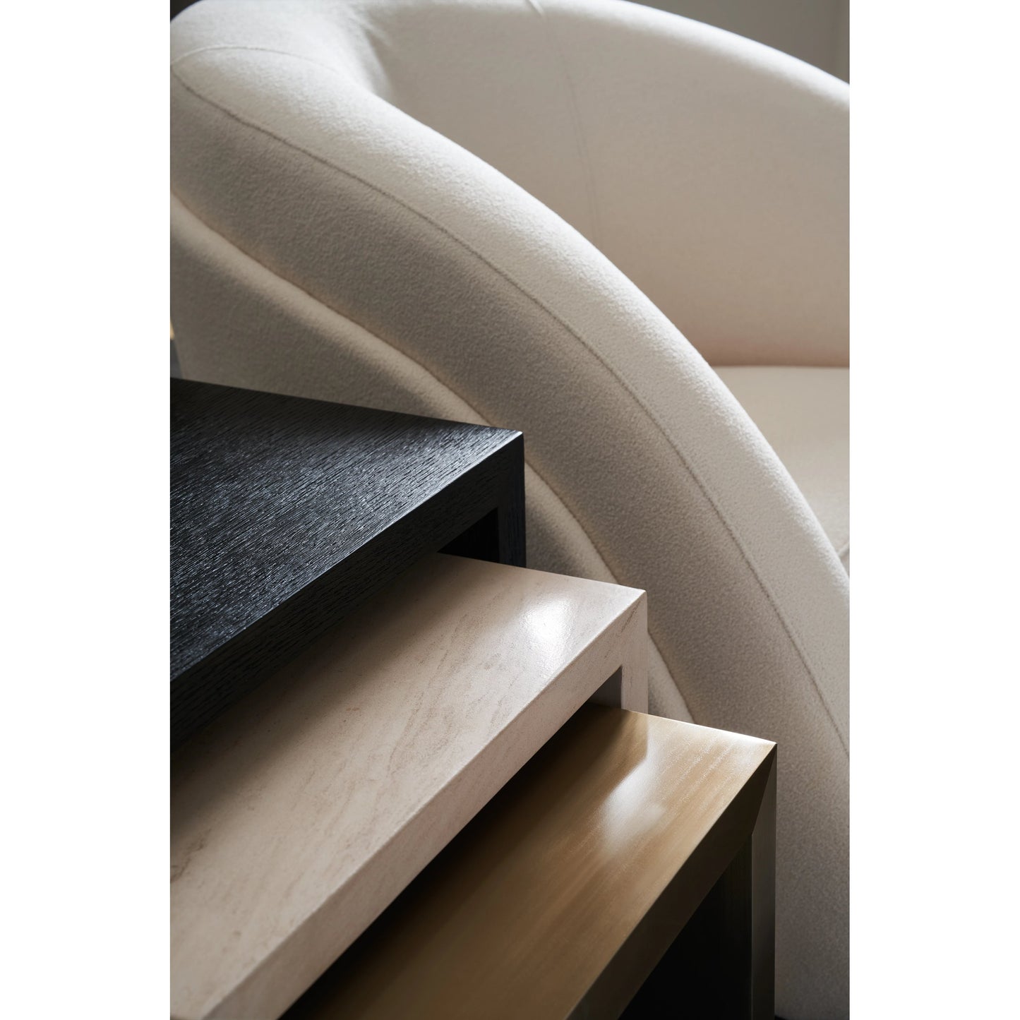 005 SI-2095987 | Additional Silo | Contrast Nesting Tables by Caracole in cinder, crème travertine, lucent bronze plated metal. Made from birch, stone, metal, quartersawn oak in a modern style.