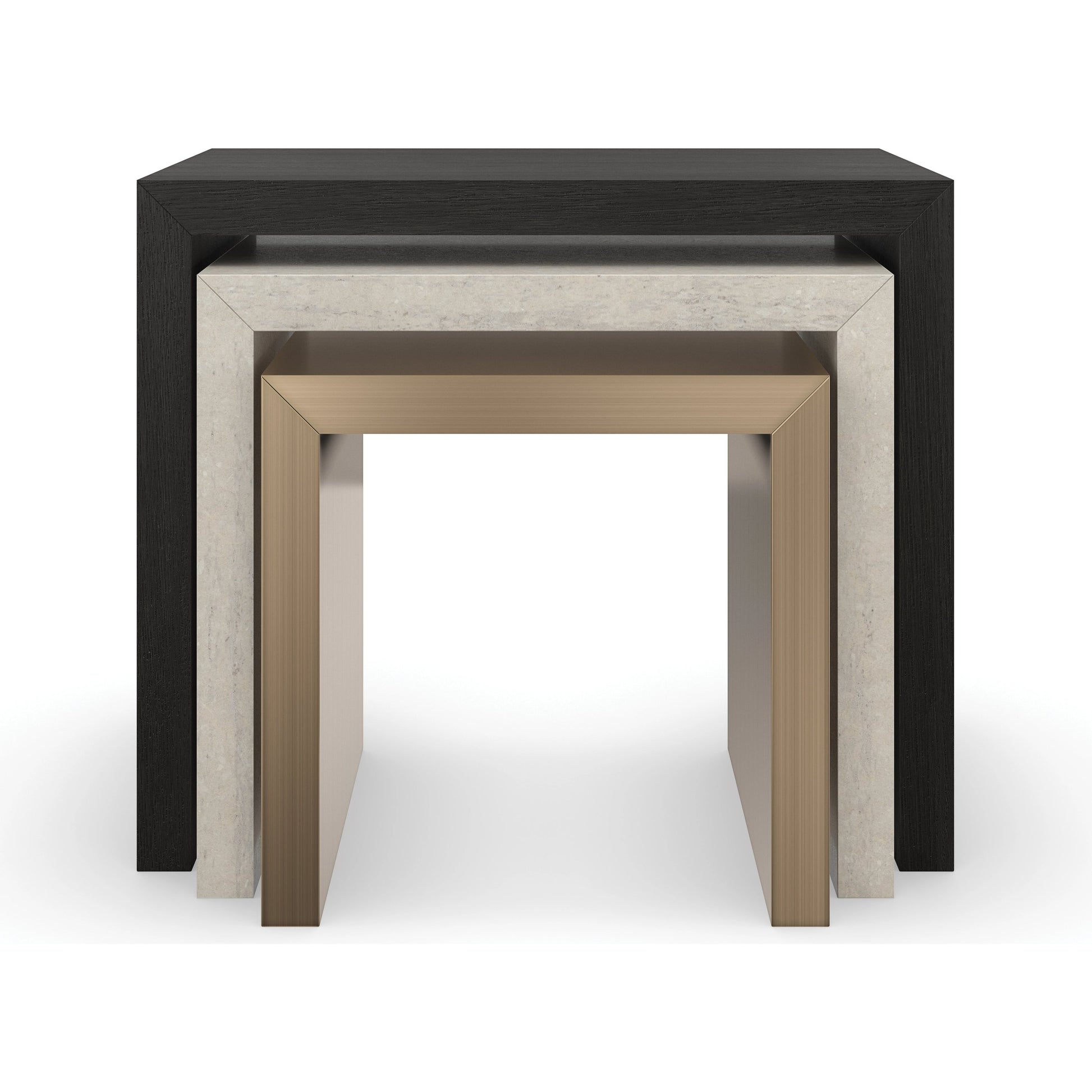 Contrast Nesting Tables by Caracole in cinder, crème travertine, lucent bronze plated metal. Made from birch, stone, metal, quartersawn oak in a modern style.