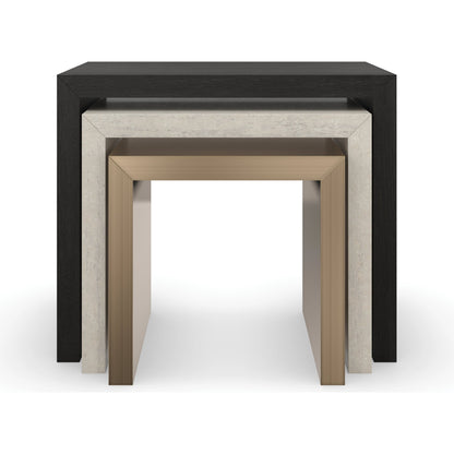 Contrast Nesting Tables by Caracole in cinder, crème travertine, lucent bronze plated metal. Made from birch, stone, metal, quartersawn oak in a modern style.