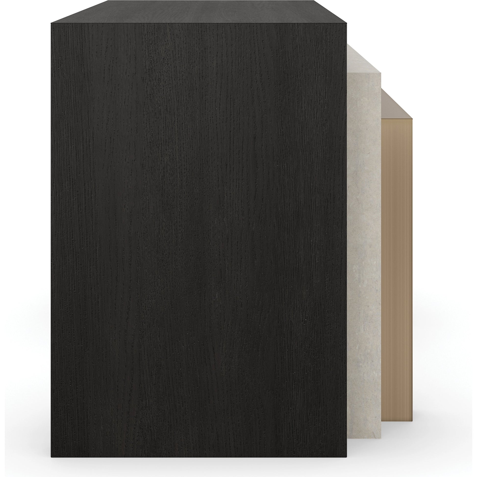 Contrast Nesting Tables by Caracole in cinder, crème travertine, lucent bronze plated metal. Made from birch, stone, metal, quartersawn oak in a modern style.